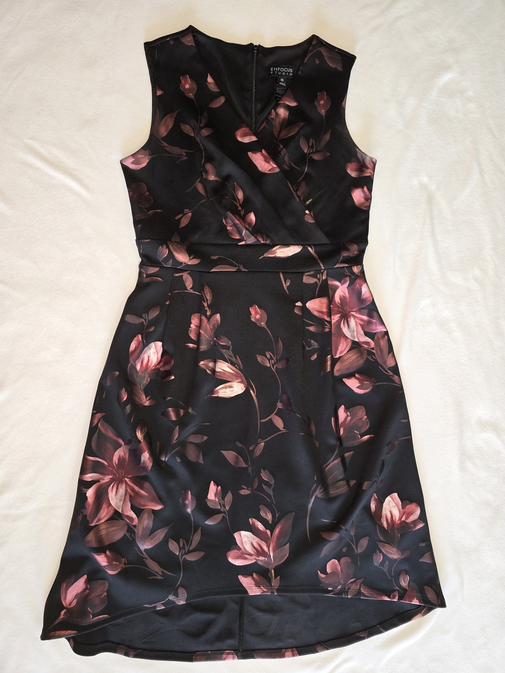 Enfocus Studio Black Dress with Pink Floral High-Low Hem